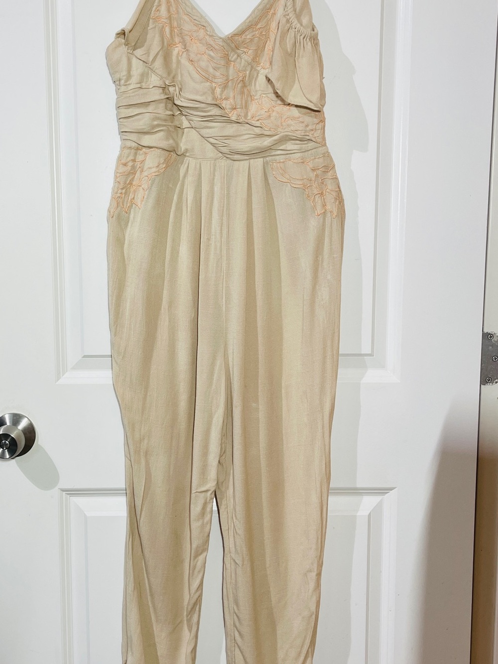 Free People Beige Lace-Trim Satin Jumpsuit